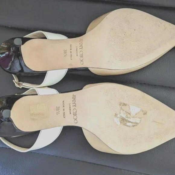 Jimmy Choo Women Patent Leather Pointed Colorblock Slingbacks Beige/Blk - Picture 8 of 10